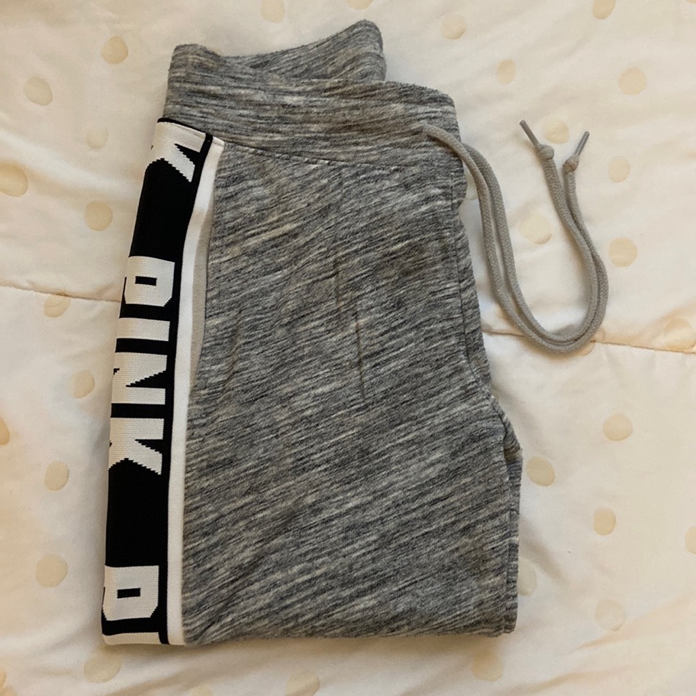 VS Pink Grey Jogger Sweatpants with Lettering down Legs